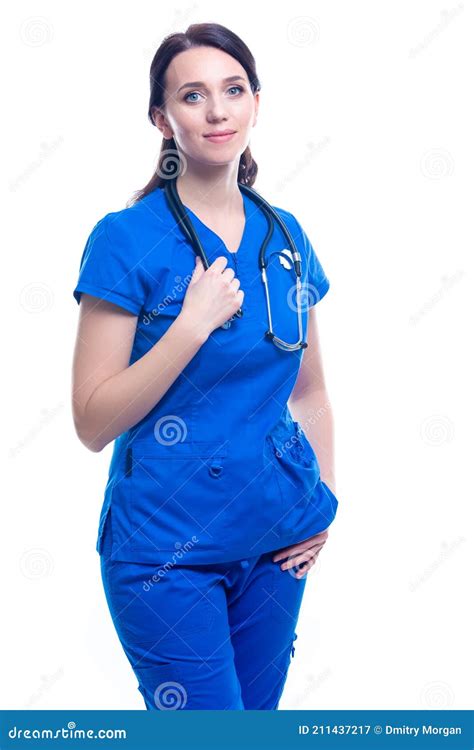 Profession Ideas Portrait Of Confident Female Gp Doctor Posing In Doctor`s Smock And Endoscope