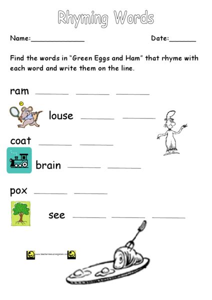 Rhyming Words Green Eggs And Ham Worksheet For 1st 2nd Grade