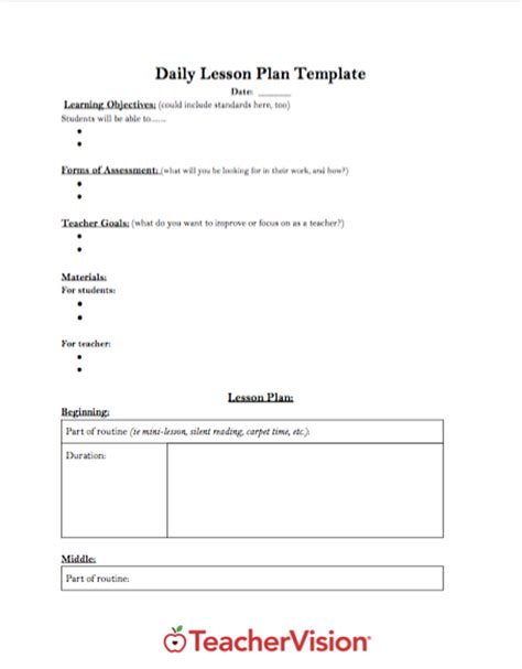 Lastly, the teacher's comment that serves as an observational feedback is included in the end section of the form. Daily Lesson Plan Template - TeacherVision