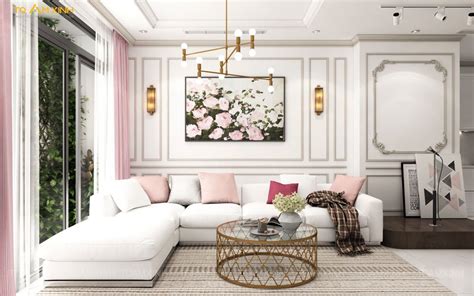 A Living Room Filled With White Furniture And Pink Accents