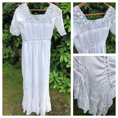 Antique Cotton Lawn Lace Dress Edwardian Vintage Long Etsy