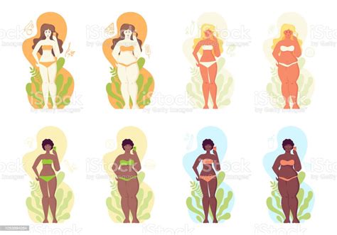 Woman Before And After Weigh Loss Fat And Slim Woman Stock Illustration