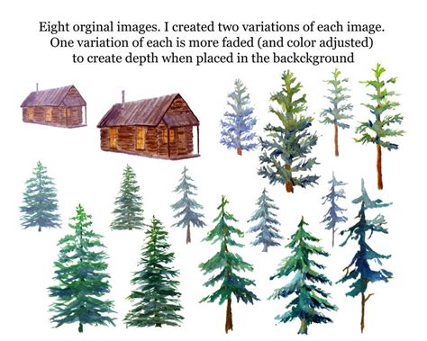 Winter Woods Watercolor Clip Art Pine Trees Snow Log Cabin