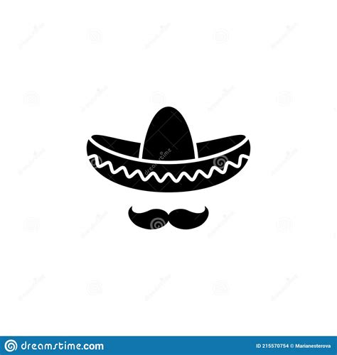 Sombrero Mexicano Con Bigote Negro Icono Logotipo Plano Aislado Sobre Blanco Ilustración
