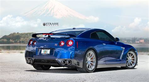 Deep Blue Pearl Nissan Gt R On Strasse Forged Wheels Rear Side View