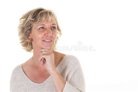 Dreaming Mature Woman Hand Under Chin Look Side Copy Space On White Background Stock Image