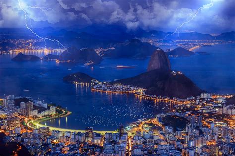 Brazil Town Of Rio De Janeiro Bay Gulf Night Sky Clouds Lightning Lights Hd Wallpaper