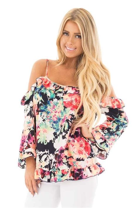 Black Multi Floral Cold Shoulder Top With Ruffled Detail Front Close Up Fashion Tops Floral