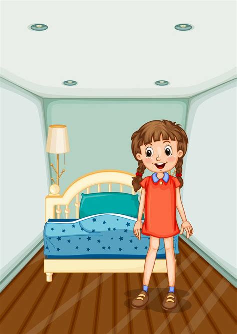 Fille Debout Dans La Chambre Avec Lit Bleu 559586 Art Vectoriel Chez