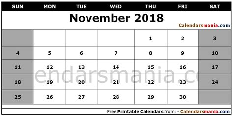 November 2018 Calendar Template Calendar Template Free Printable