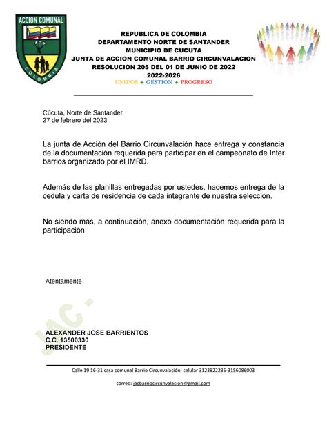 Carta de recomendacion JAC Cúcuta Norte de Santander de febrero del La junta de