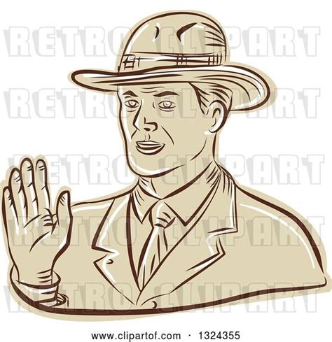 Vector Clip Art Of Retro Engraved Or Sketched Business Man Waving By