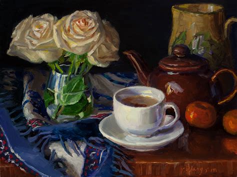 Wang Fine Art Still Life With Roses And Tea