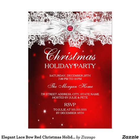 Elegant Lace Bow Red Christmas Holiday Party Invitation | Zazzle.com ...