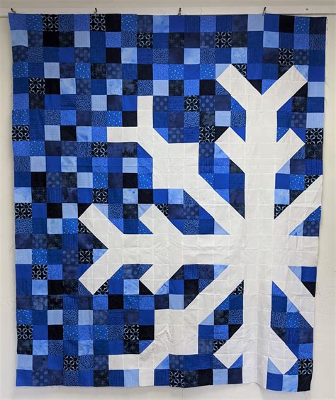 A Blue And White Quilt With A Snowflake Design On The Front Hanging