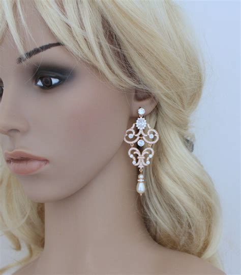 Bridal Chandelier Earrings Rose Gold Wedding Earrings Etsy