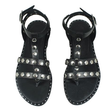 Flat Thong Sandals In Genuine Leather Black Studs Made In Italy