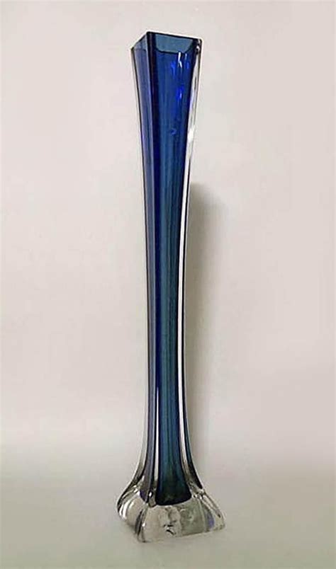 About Us Pair Of American Art Deco Tall Blue Glass Bud Vases With Square Shaped Base Art