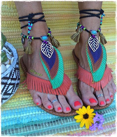 Feather Barefoot Sandals Leaf Foot Jewelry Tassels Boho Wrap Etsy