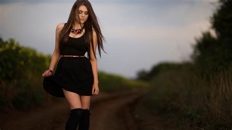 wallpaper women outdoors model depth of field long hair black dress brunette fashion