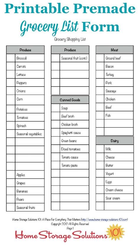 Free Premade Printable Grocery List Form Designed To Let You Check Off
