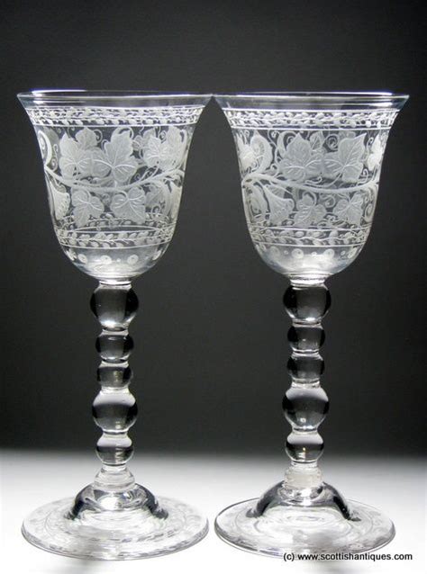 Tall Pair Of Victorian Engraved Glass Goblets C1880 Antique Glass