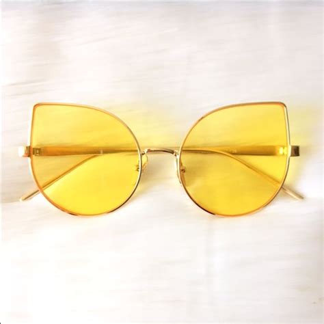Gold Framed With Yellow Tinted Lens Cateye Designer Inspired Sunglasses Glasses Fashion