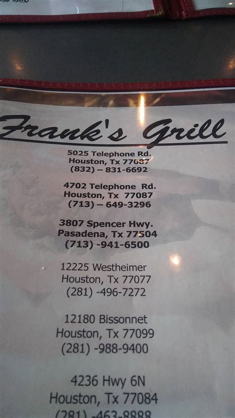 Menu At Franks Grill Restaurant Houston Telephone Rd 100