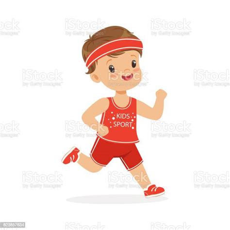 Boy In A Red Uniform Running Marathon Runner Boy Running On School