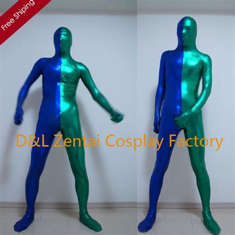 Free Shipping Dhl Sexy Costume Half Blue And Red Shiny Metallic Full Body Zentai Suit For Men 2015