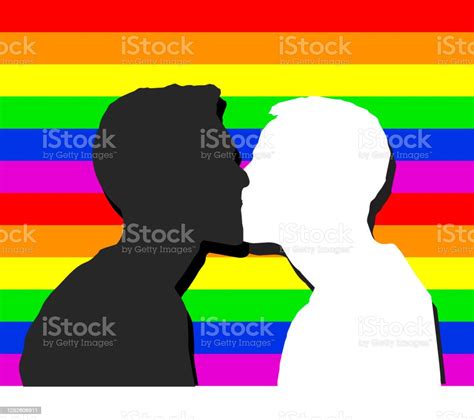 Lgbtq Rainbow Flag Background And Tow Men Kissing On Foreground Happily