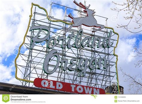Iconic Portland Oregon Old Town Sign With An Outline Of Oregon And A