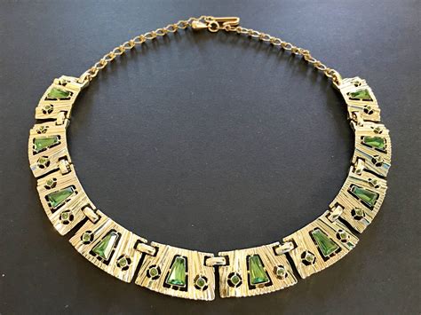 Egyptian Revival Necklace 60s Vintage Jewelry Green Gold Bib Etsy