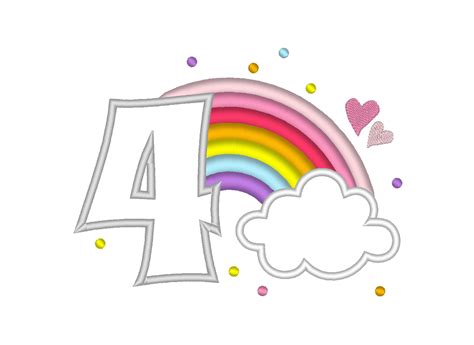 Cute Rainbow Birthday Number 4 Four Machine Embroidery Applique Designs