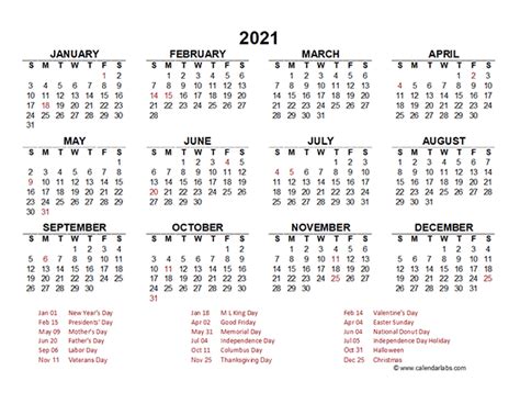 2021 Yearly Calendar Template Excel Free Printable Templates