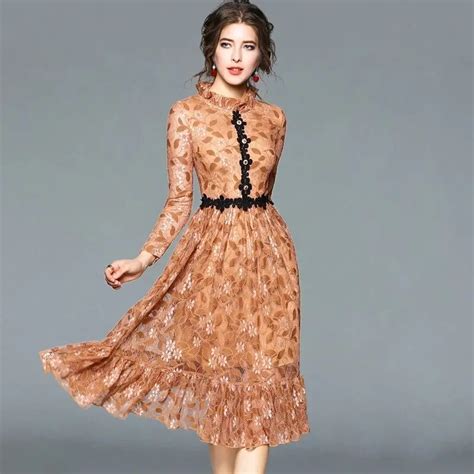 Europe Luxury Style Women 2018 Spring Long Sleeve Vintage Floral Lace A Line Dress Banquet Party