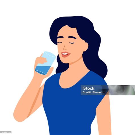 Young Woman Drinking Water In Flat Design On White Background Stock