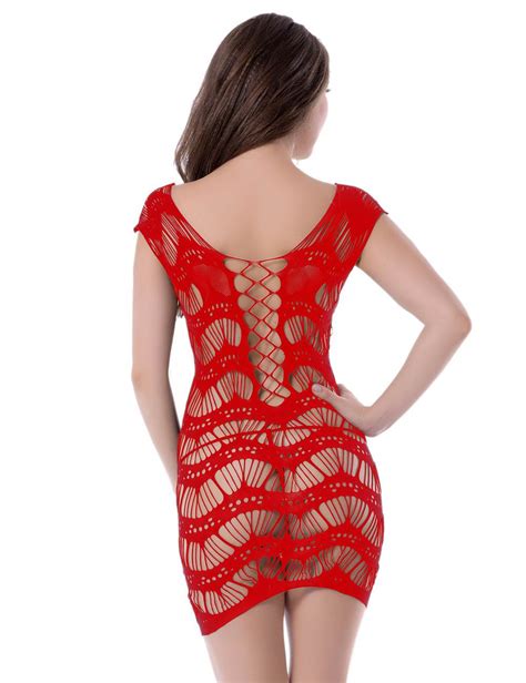 Red Crocheted Lace Hollow Out Chemise Bodystocking Ohyeah