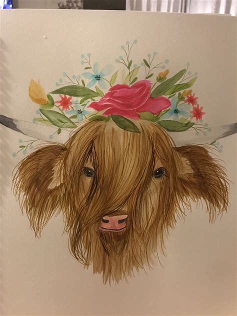 Watercolor Highland Cow With Flower Crown Watercolor Sunflower