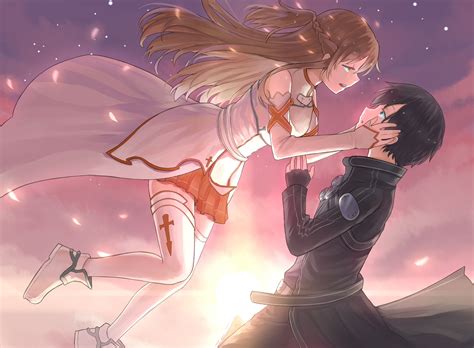 Sword Art Online Yuuki Asuna Kirito Girl Guy Two Fall Sunset