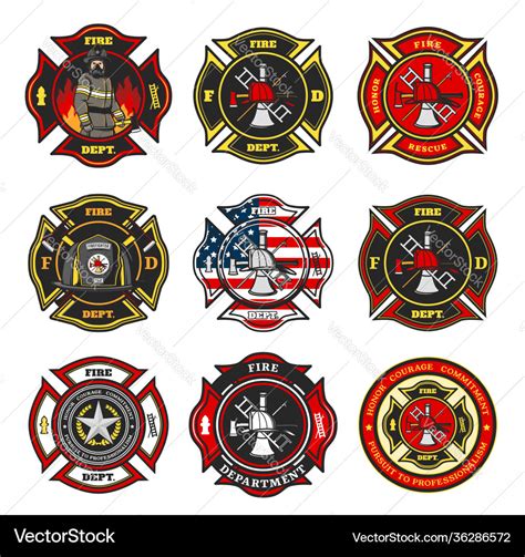 Fire Department Badges Firefighter Team Emblems Vector Image