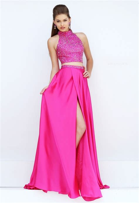 gorgeous halter high slit two piece long hot pink satin beaded prom dress