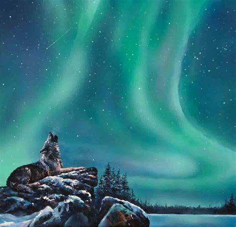 Wolf Painting Northern Lights Landscape Winter Scene Wildlife Wall Art