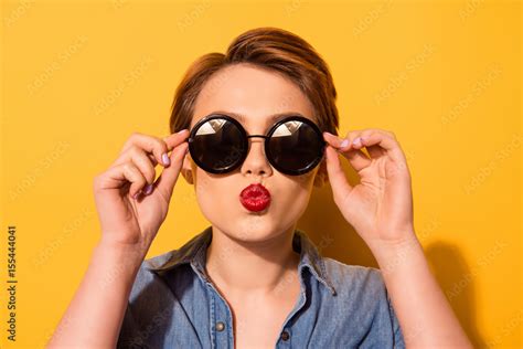 Kiss For You Fashionable Young Cute Girl In Trendy Sunglasses Sends A