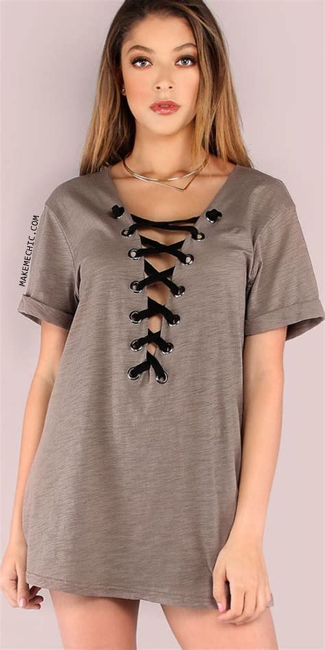 Oversized Deep V Lace Up T Shirt Dark Taupe Lace Up T Shirt T Shirts