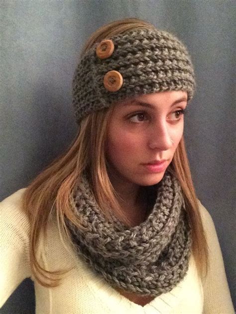 Knit Headband With Buttons In Soft Grey Warmsoft By Nyulisknits