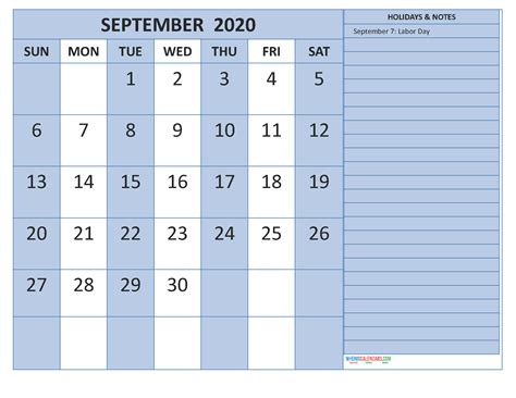 Free Printable 2020 Monthly Calendar With Holidays September