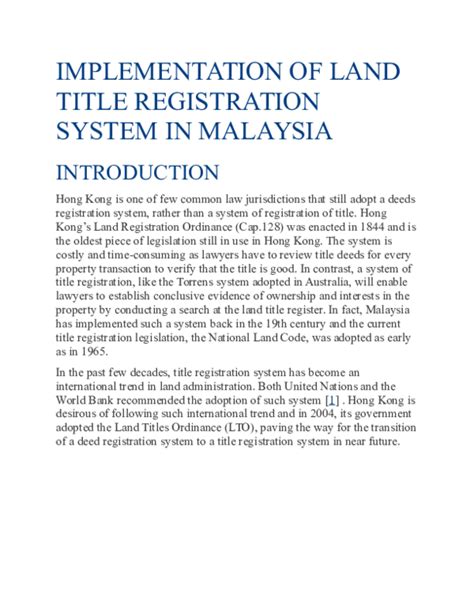 Doc Implementation Of Land Title Registration System In Malaysia