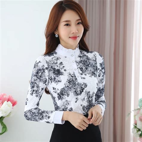 2017 spring new fashion elegant korean chiffon shirt long sleeved print lace blouses slim women