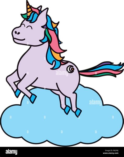 Color Happy Unicorn With Hairstyle Jumping In The Cloud Stock Vector